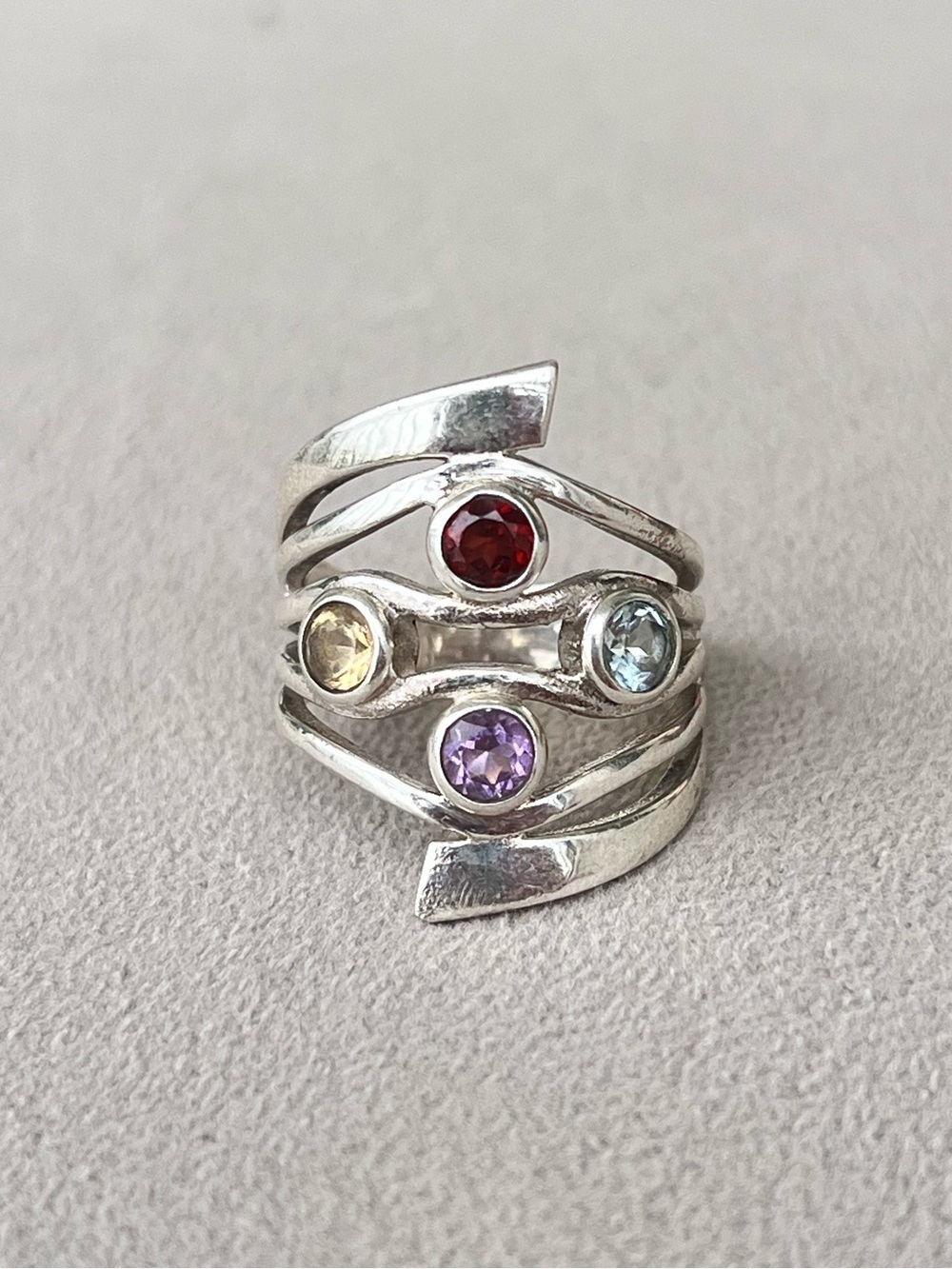 Artisan Sterling Silver Garnet Citrine Blue Topaz Amethyst Statement Ring
